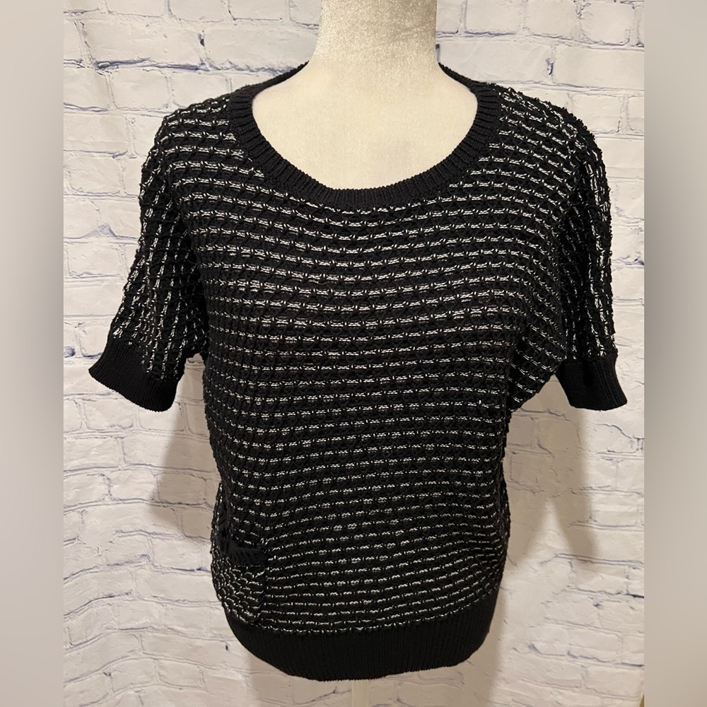 Ann Taylor LOFT Black & White Short-Sleeve Pocket Sweater, Boho Chic, S